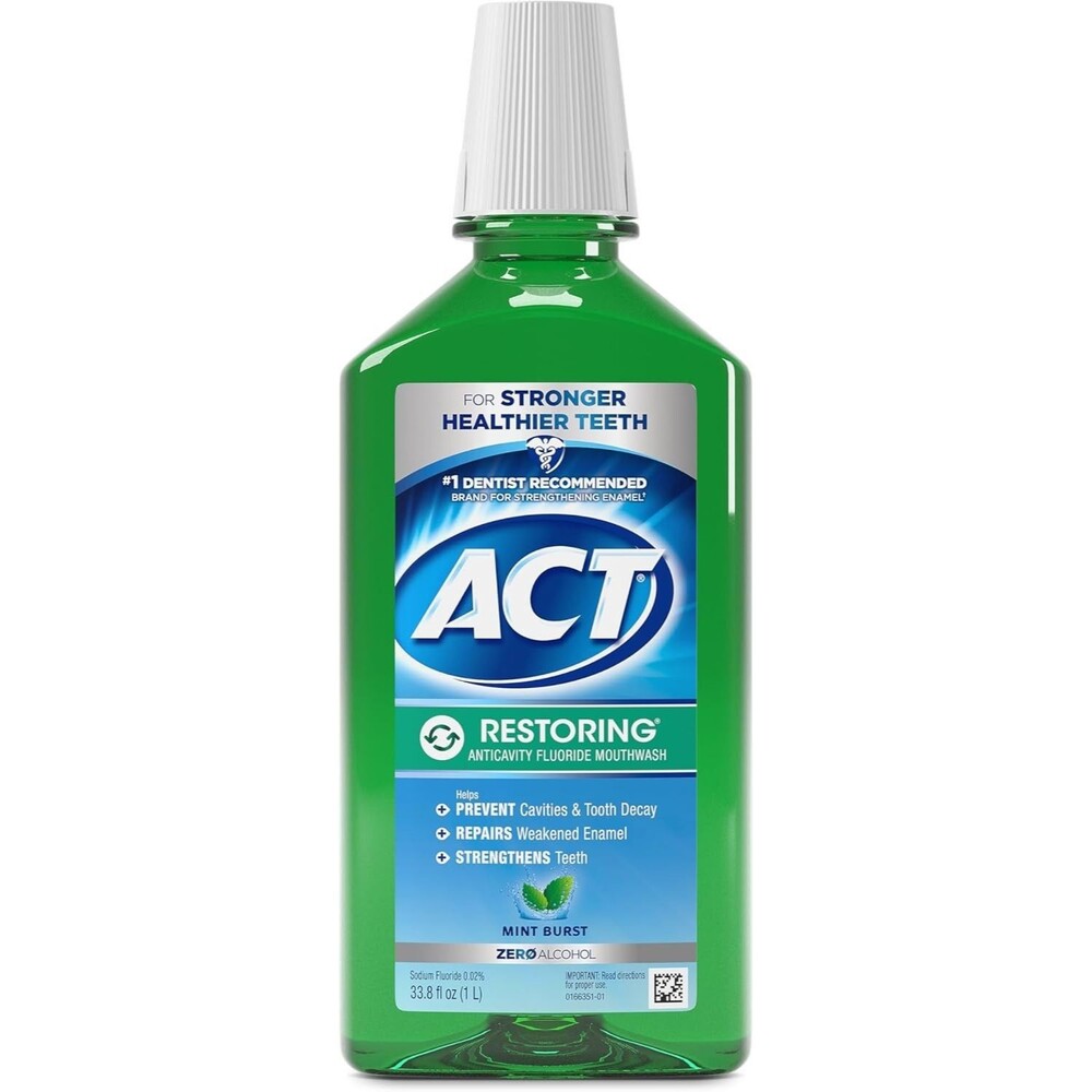 ACT Restoring Zero Alcohol Fluoride Mouthwash 33.8oz Tooth Mint Burst Clear
